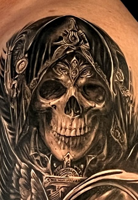 Detail Aufname vom Kopf des Reapers. 
Von Emanuel Melzner
Melzner Exclusive Tattoo Gallery